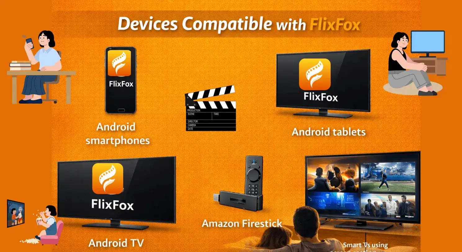 Devices compatible with FlixFox app: Android smartphones, Android tablets, Android TV, Amazon Firestick and Smart TVs