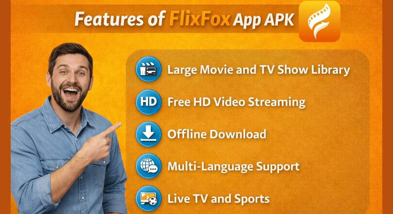Features of FlixFox App APK: large movie and TV show library, free HD video streaming, offline download, multi-language support, live TV and sports