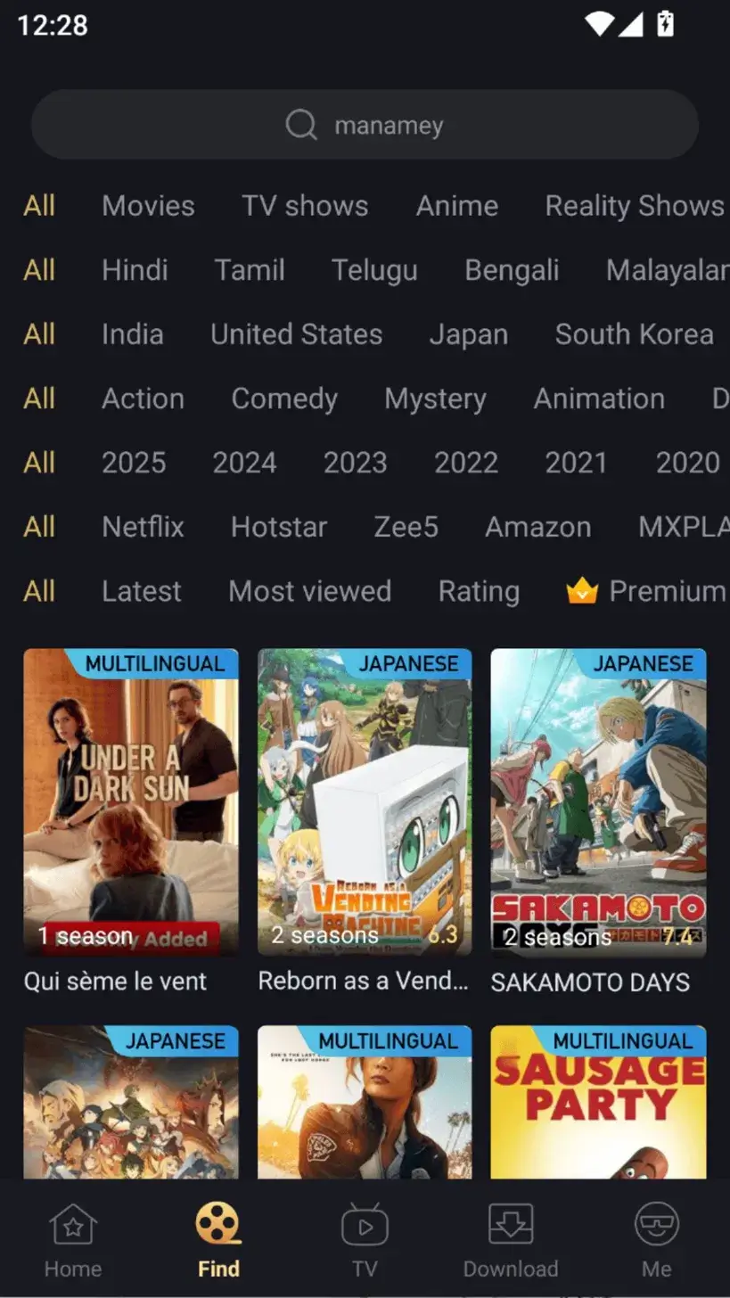 FlixFox app Find screen showing movies, TV shows, anime, reality shows in Hindi, Tamil, Telugu, Bengali and Malayalam